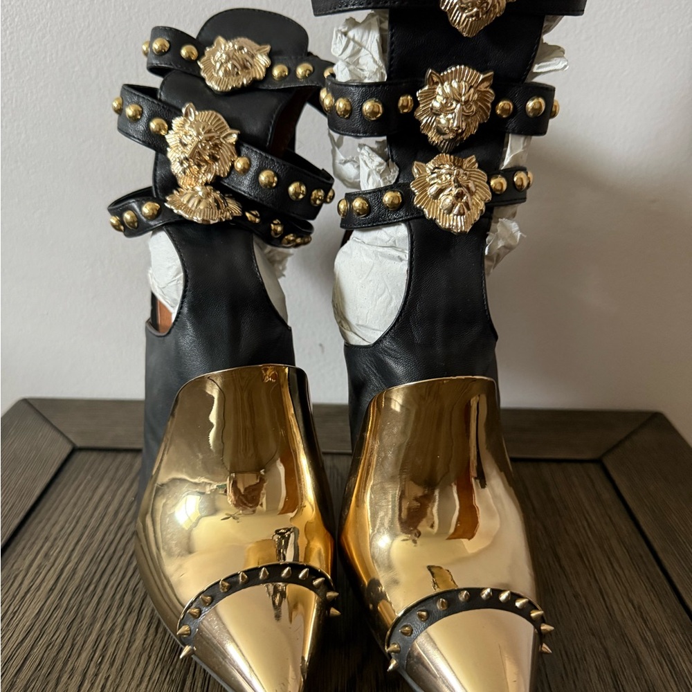 Jeffrey Campbell Black and Gold Lion Studded Heels